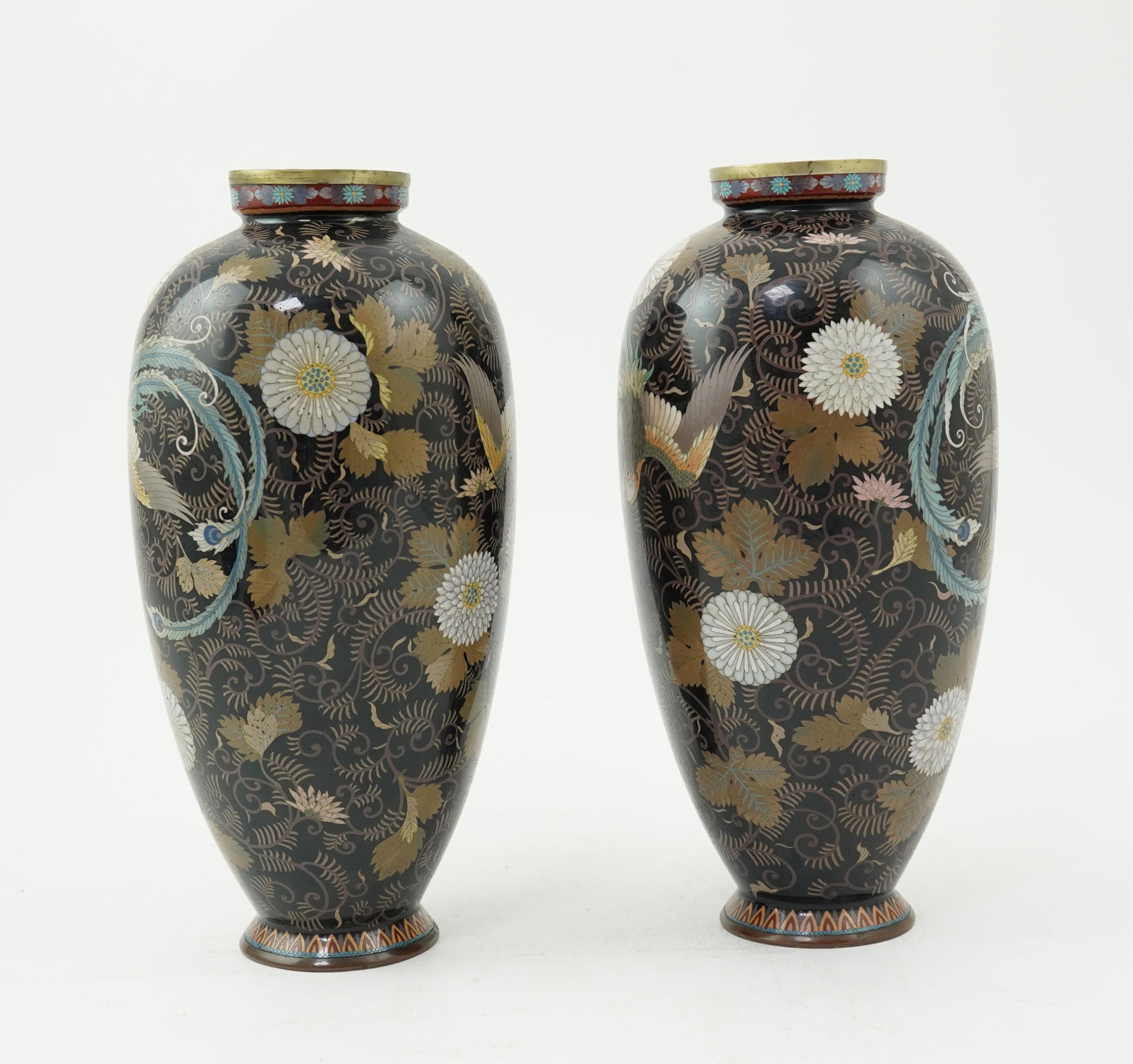 A pair of Japanese cloisonné enamel ‘phoenix’ vases, by Gonda Hirosuke I, Meiji period